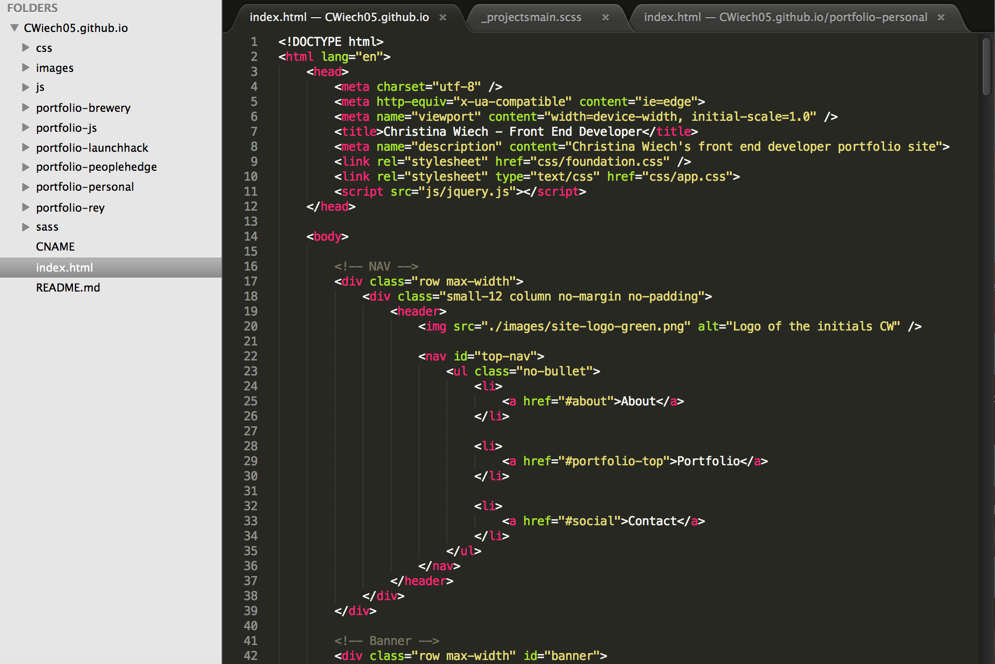 Screenshot of the code for this website